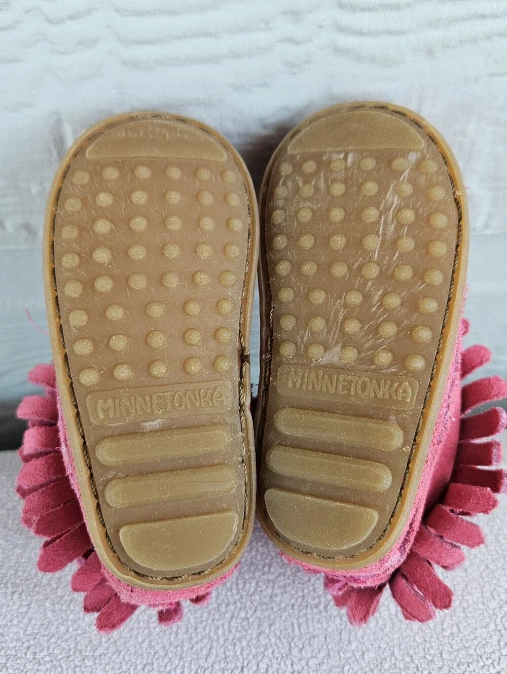Minnetonka Moccasins Double Fringe Booties Infant Baby SZ 2 Pink Suede Leather